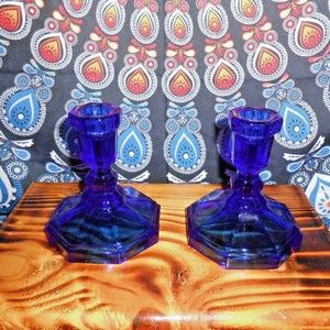 Vintage Lot of 2 Beautiful Cobalt Blue Candlestick Candle Holders Mantle Decor